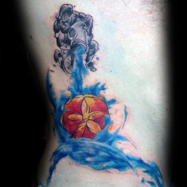 Male With Aquarius Water Tattoo On Rib Cage Side