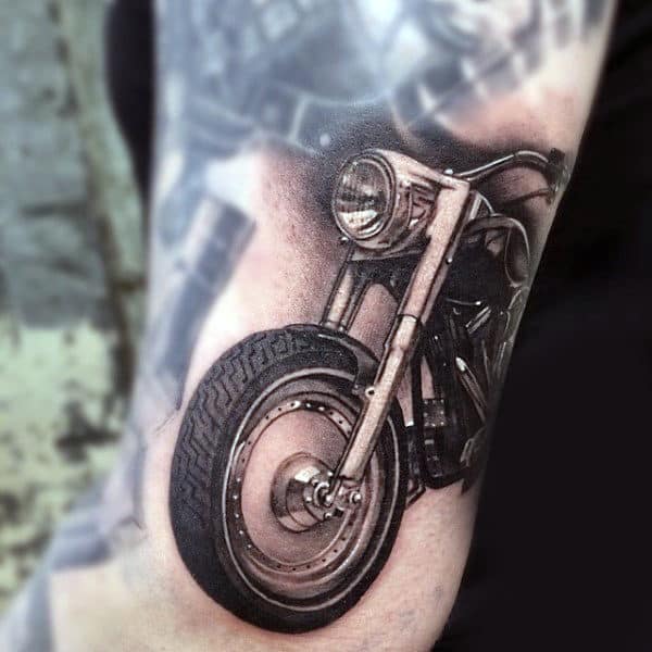 Male With Arm Tattoo Of Vintage Bike Harley Davidson Tattoo Ideas