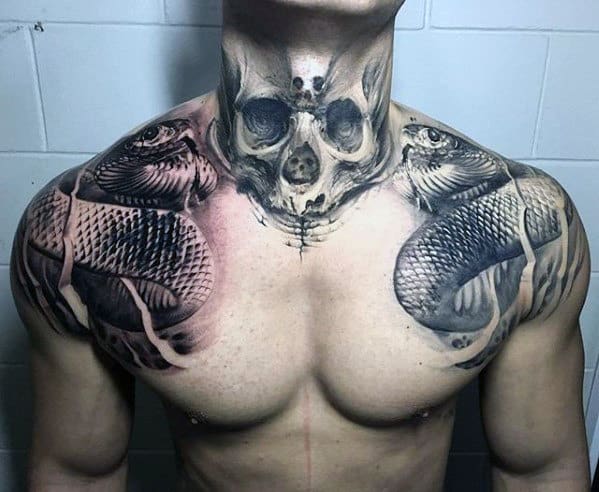 Male With Badass Snake Upper Chest And Shoulder Tattoo