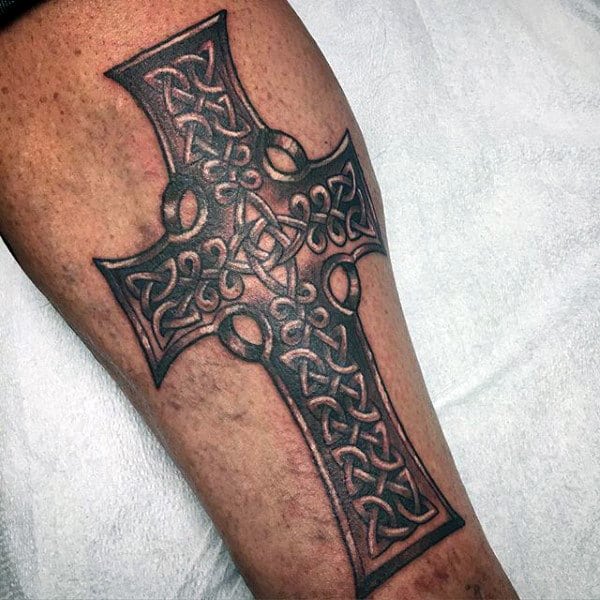 Male With Black Ink Celtic Cross Leg Calf Tattoos