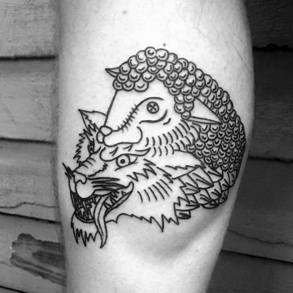 Male With Black Ink Outline Cool Wolf In Sheeps Clothing Tattoo Design On Leg Calf