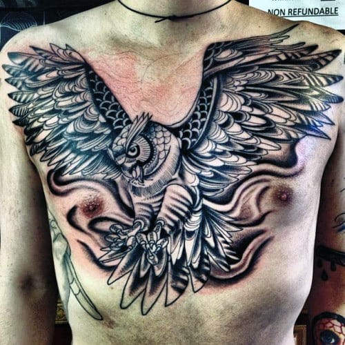 Male With Black Ink Owl Chest Tattoo