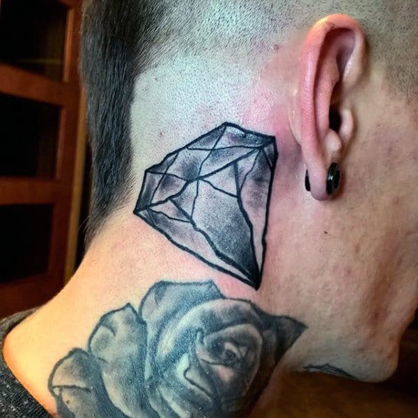 Male With Black Ink Shaded Rough Diamond Tattoo On Neck