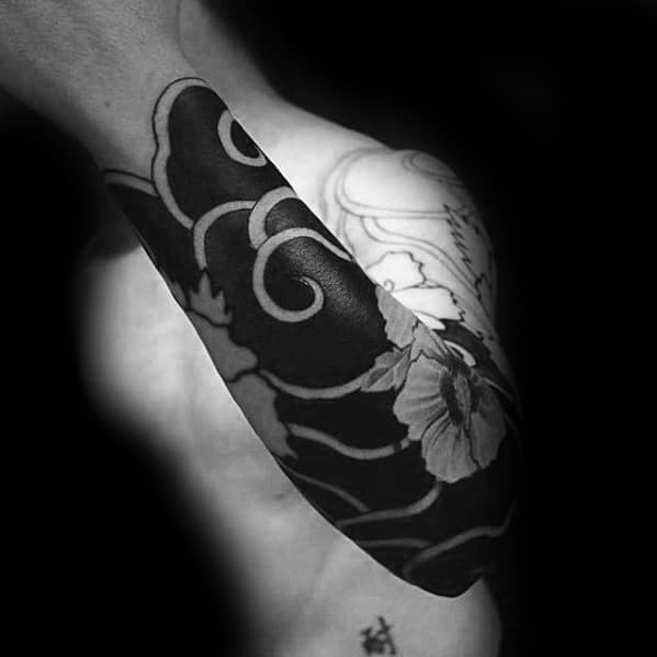 Male With Blackwork Japanese Cloud Forearm Sleeve Tattoo