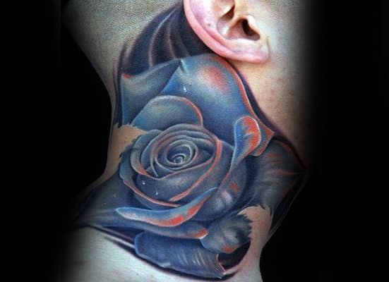 Male With Blue Realistic Neck Rose Tattoo