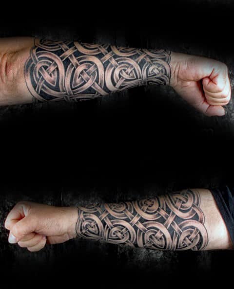 Male With Celtic Knot Forearm Sleeve Tattoo Design