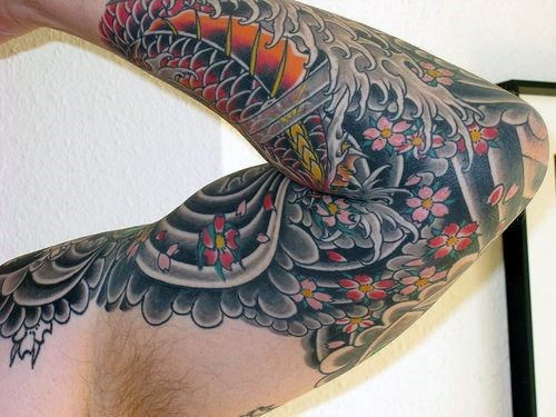 Male With Cherry Blossom Flowers Japanese Traditional Sleeve Tattoo