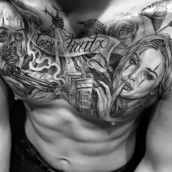 Male With Chicano Upper Chest Themed Tattoo Design