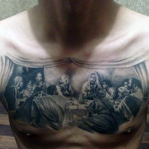 Male With Christian Last Supper Tattoo On Chest