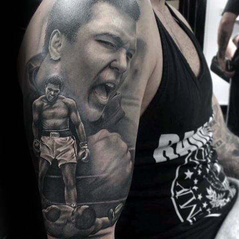 Male With Cool 3d Half Sleeve Shaded Boxer Muhammad Ali Tattoo Design