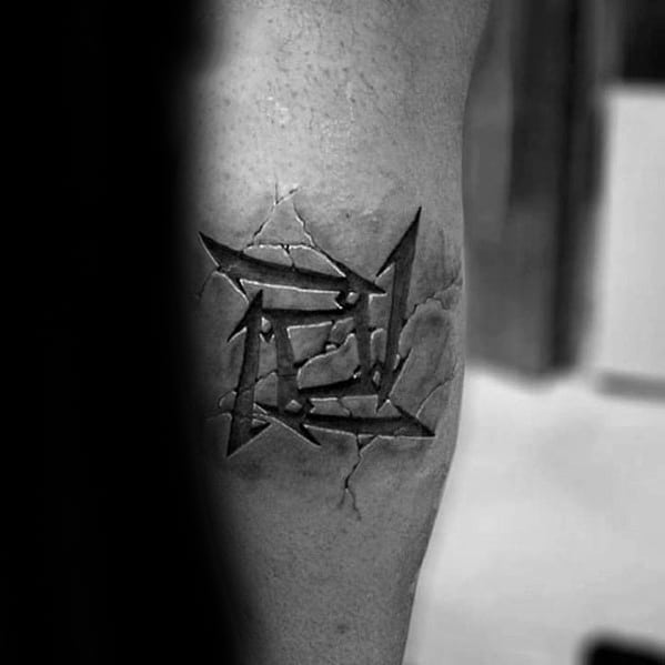 Male With Cool 3d Stone Leg Calf Metallica Tattoo Design