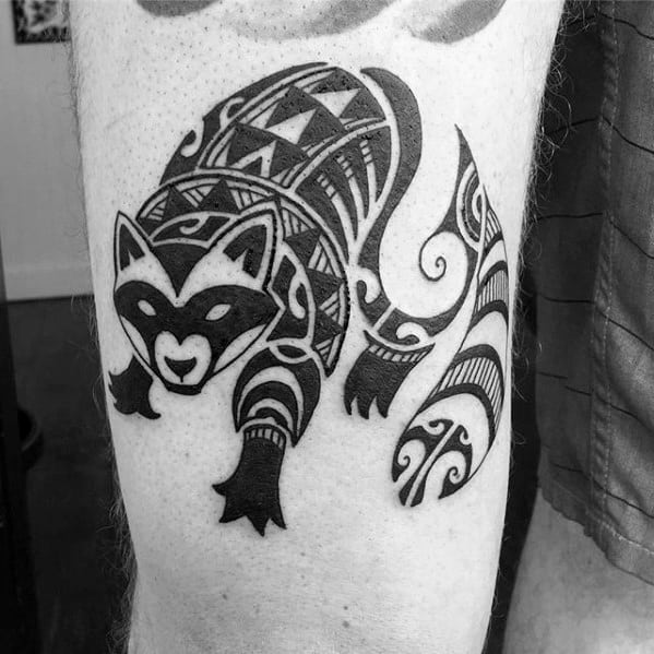 Male With Cool Animal Raccoon Tribal Tattoo Design On Thigh Of Leg