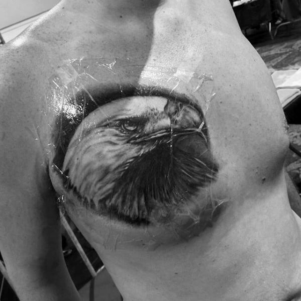 Male With Cool Bald Eagle Shaded Black And Grey Chest Tattoo