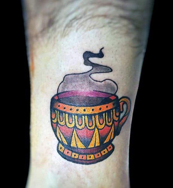 Male With Cool Coffee Cup Forearm Old School Small Tattoo Design