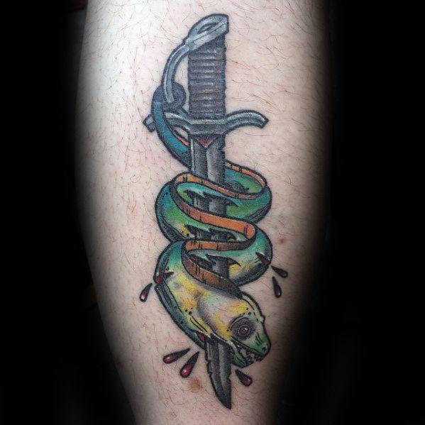 Male With Cool Dagger Through Eel Leg Tattoo Design