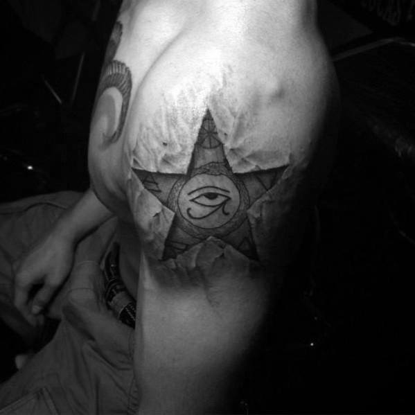 Male With Cool Egyptian Eye 3d Star Tattoo Design On Arm