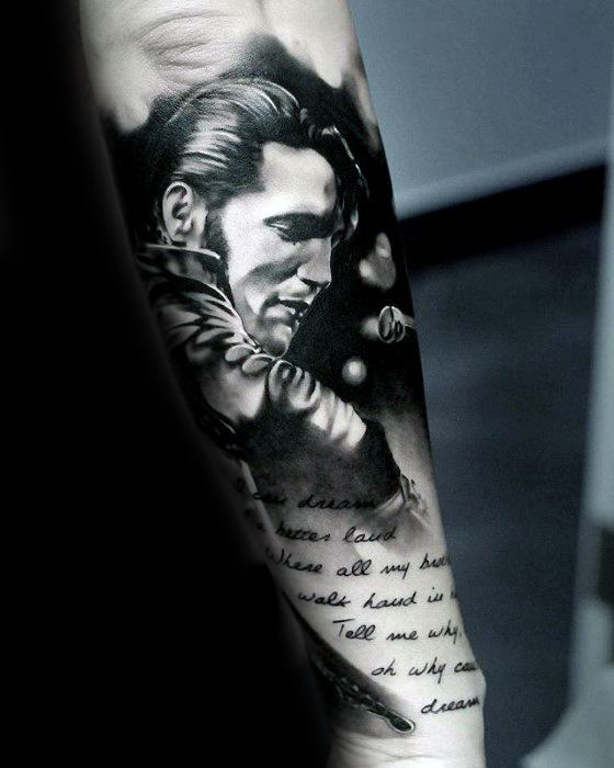 Male With Cool Elvis Presley Tattoo Design On Outerforearm With Song Lyric Quote