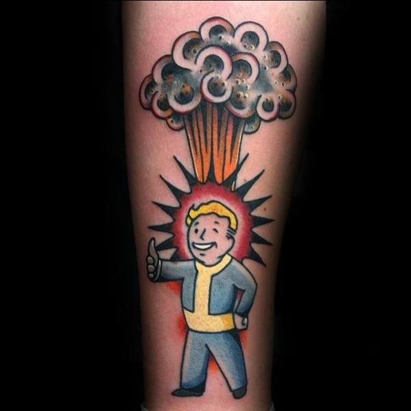 Male With Cool Fallout Tattoo Design On Inner Forearm