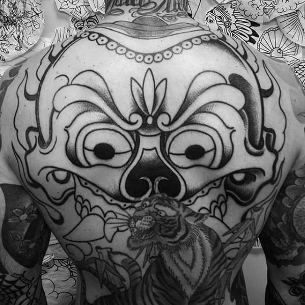 Male With Cool Full Back Tibetan Skull Tattoo Design