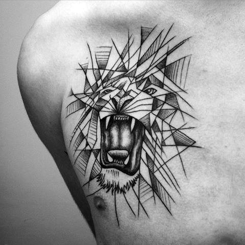 Male With Cool Geometric Angry Lion Chest Tattoo Design