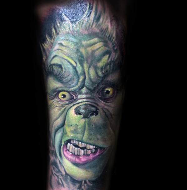 Male With Cool Grinch Tattoo Sleeve Design