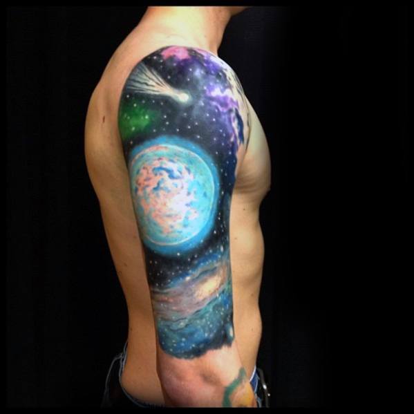 Male With Cool Half Sleeve Celestial Tattoo Design