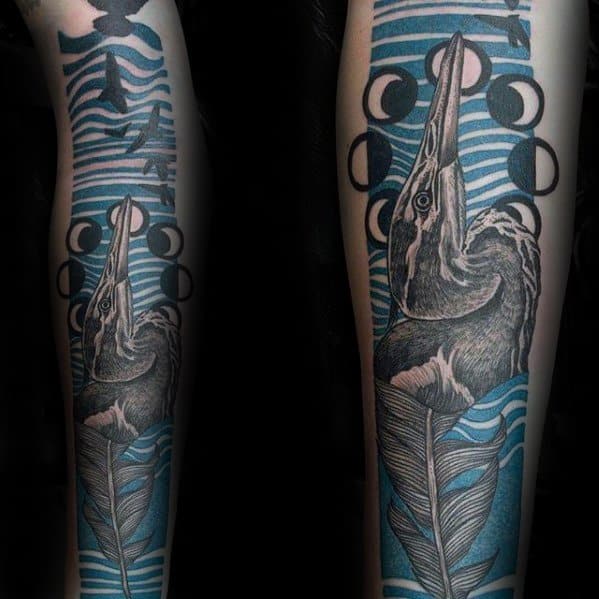 Male With Cool Heron Bird Tattoo Design On Leg