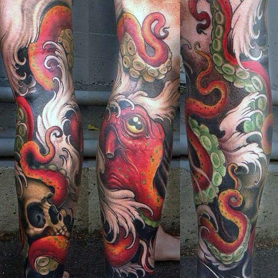 Male With Cool Japanese Orange And Red Octopus Skull Leg Sleeve Tattoo Design
