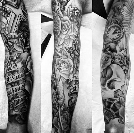 Male With Cool Latin Tattoo Design Sleeve Full Arm