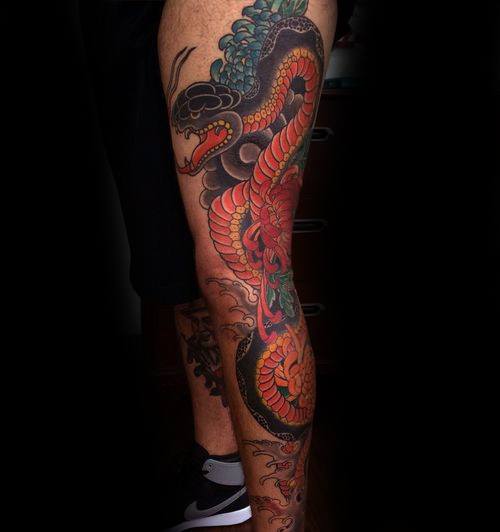 Male With Cool Leg Japanese Snake Tattoo Design