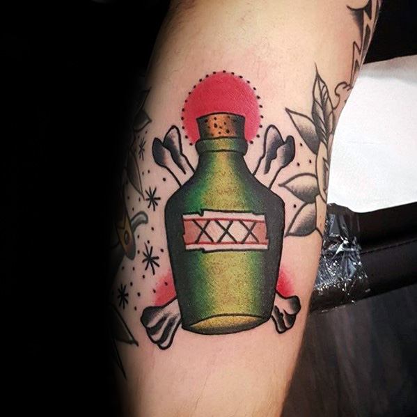 Male With Cool Leg Poison Bottle Tattoo Design