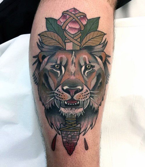 Male With Cool Neo Traditional Lion Tattoo Design
