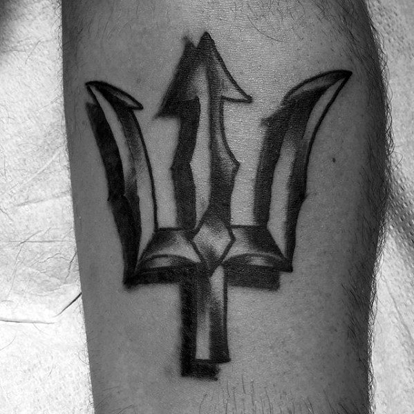 Male With Cool Old School Traditional Shaded Leg Calf Trident Tattoo Design