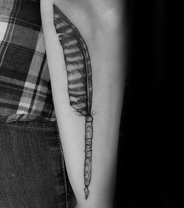 Male With Cool Outer Forearm Feather Quill Tattoo Design