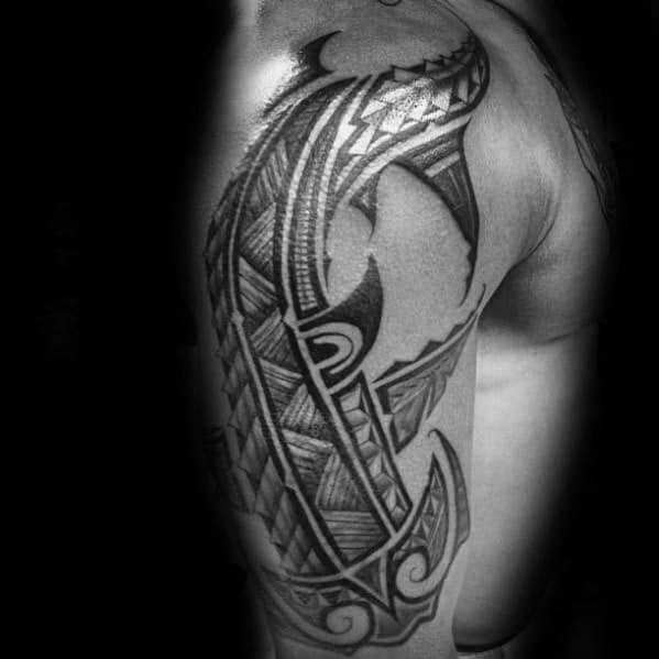 Male With Cool Polynesian Shark Tattoo Design
