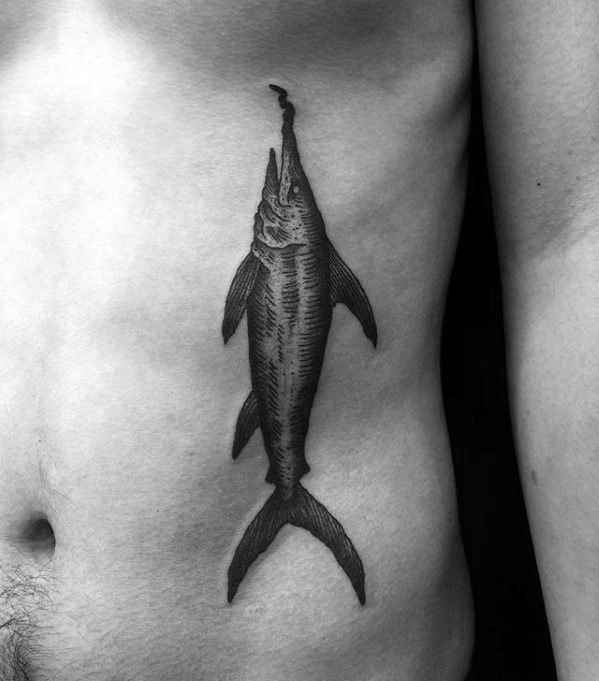 Male With Cool Rib Cage Side Swordfish Tattoo Design