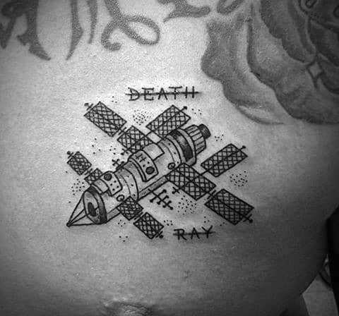 Male With Cool Satellite Death Ray Small Chest Tattoo Design