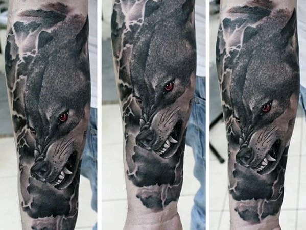 Male With Cool Sick Agressive Wolf Forearm Sleeve Tattoo Design