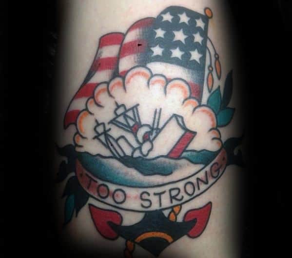 Male With Cool Sinking Navy Ship And American Flag Leg Tattoo Design