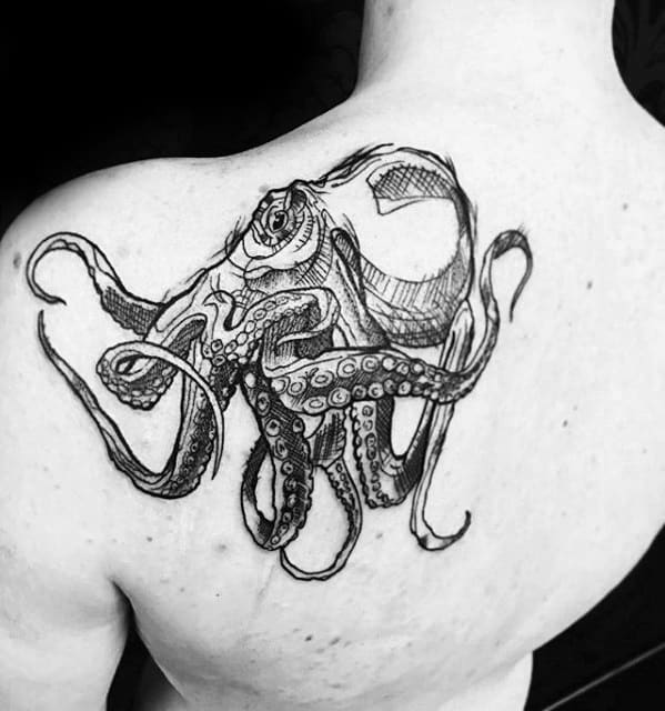 Male With Cool Sketch Tattoo Octopus Design On Shoulder