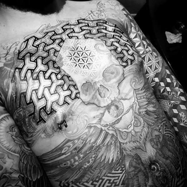 Male With Cool Skull Pattern Geometric Chest Tattoo Design
