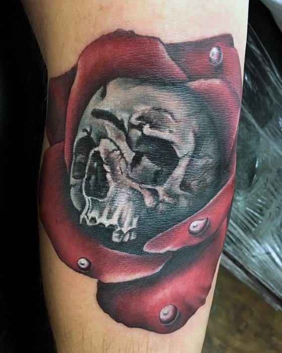 Male With Cool Skull With Red Rose Flower Petals Ditch Tattoo Design