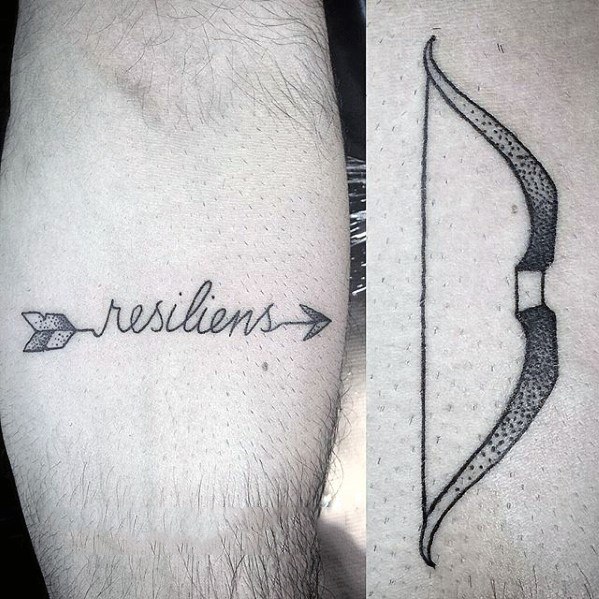 Male With Cool Small Arrow And Bow Leg Tattoo Design