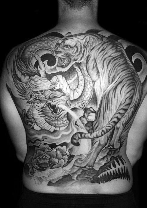 Male With Cool Tiger Dragon Tattoo Design On Back