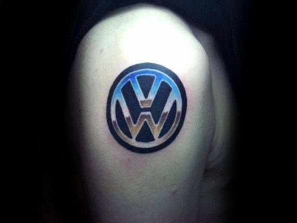 Male With Cool Volkswagen Wv Tattoo Design On Thigh