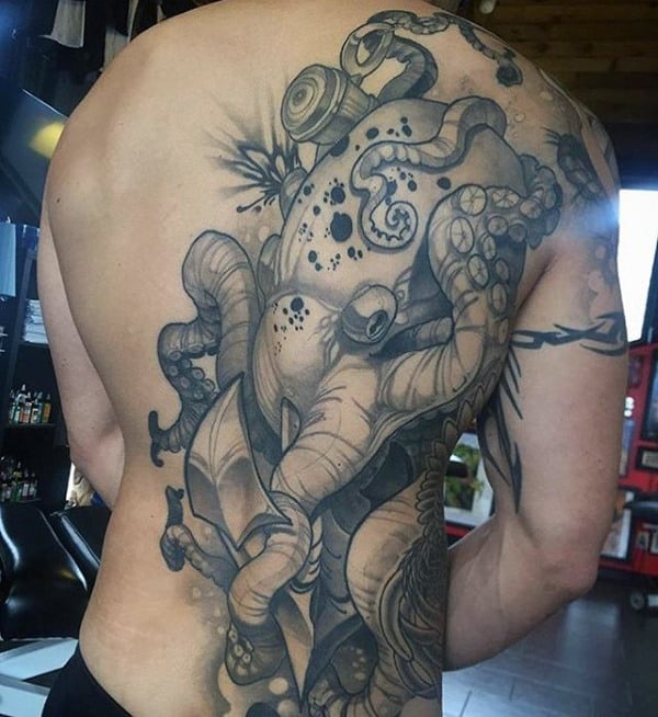 Male With Crazy Octopus Full Back Tattoo With Shaded Ink Design