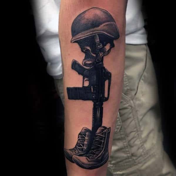 Male With Dark Army Fallen Soldier Tattoo On Outer Forearm