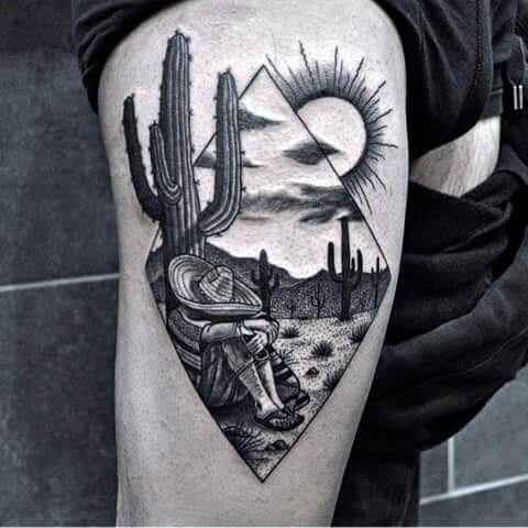Male With Desert Themed Cactus Tattoo On Thigh