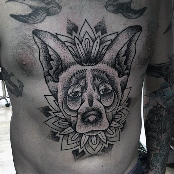 Male With Dog Rib Cage Tattoo Neo Traditional Style