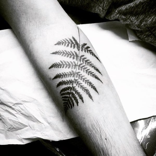 Male With Dotwork Tattoo Of Fern On Forearm